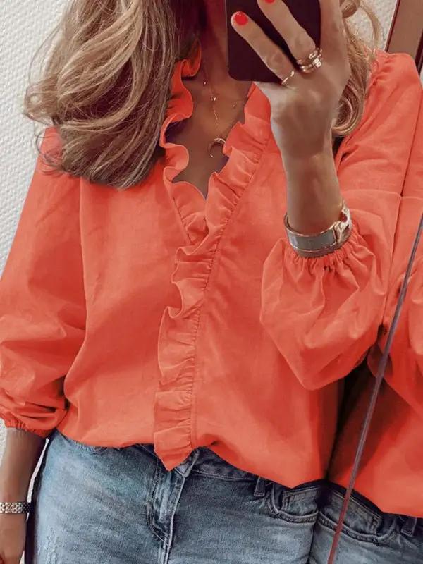 Women’s All Around Ruffled Hem Button Down Blouse With Long Cuffed Sleeves