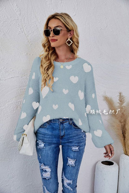 Damen-Langarmpullover mit Allover-Herz-Print 