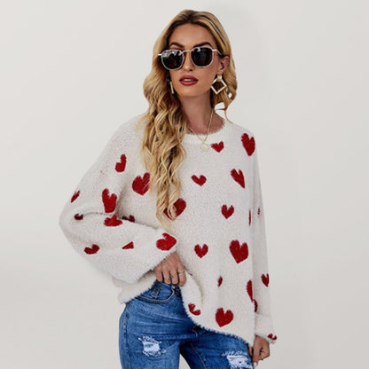 Damen-Langarmpullover mit Allover-Herz-Print 