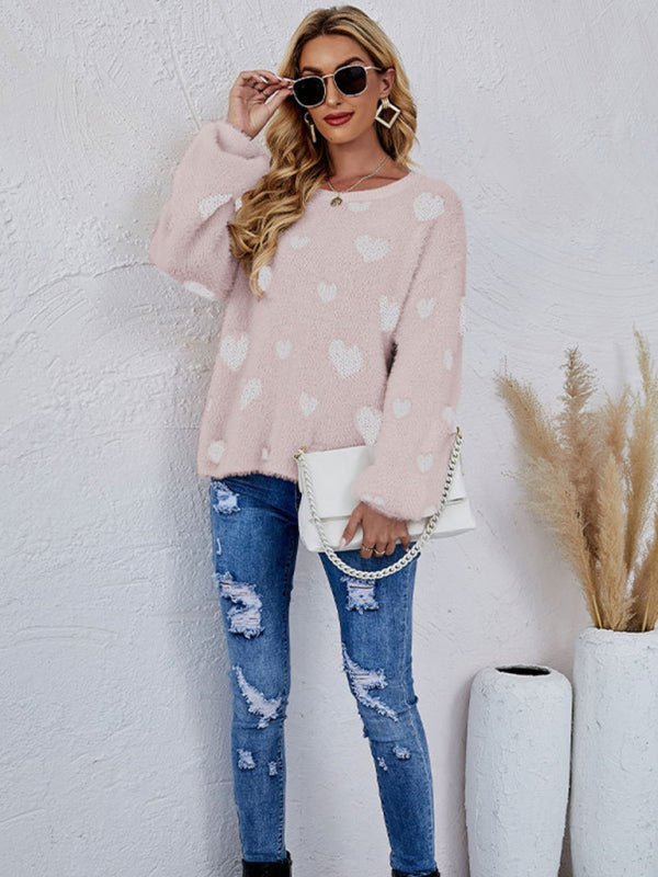 Damen-Langarmpullover mit Allover-Herz-Print 