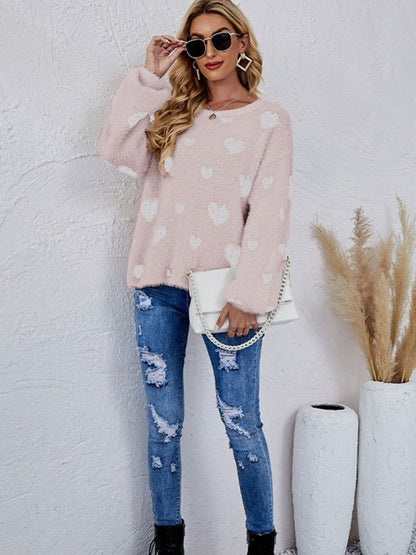 Damen-Langarmpullover mit Allover-Herz-Print 