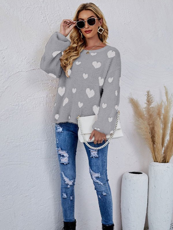 Damen-Langarmpullover mit Allover-Herz-Print 