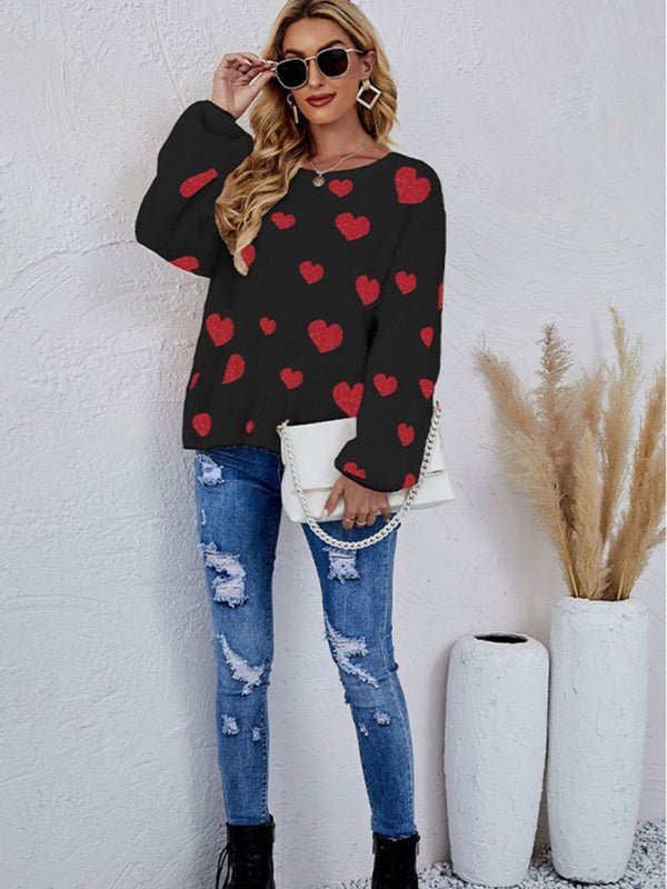 Damen-Langarmpullover mit Allover-Herz-Print 