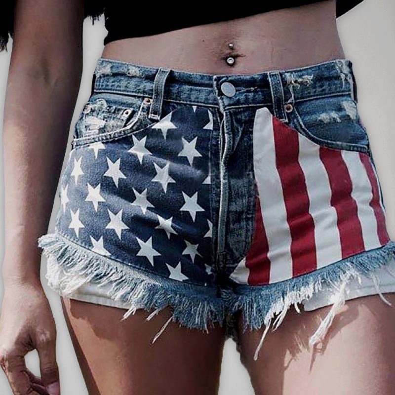 Damen-Jeansshorts mit amerikanischer Flagge und Fransen und Sternenmuster 