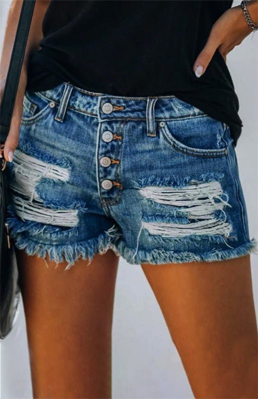 Damen-Jeansshorts mit amerikanischer Flagge und Taschen im Used-Look und ungesäumtem Saum 