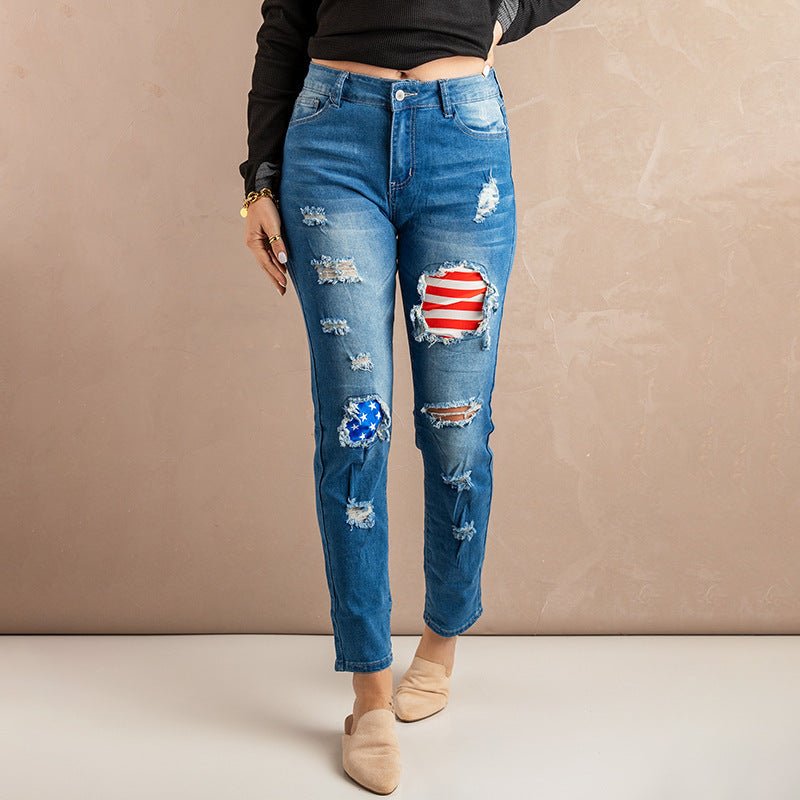 Zerrissene Denim-Jeans mit amerikanischer Flagge für Damen 