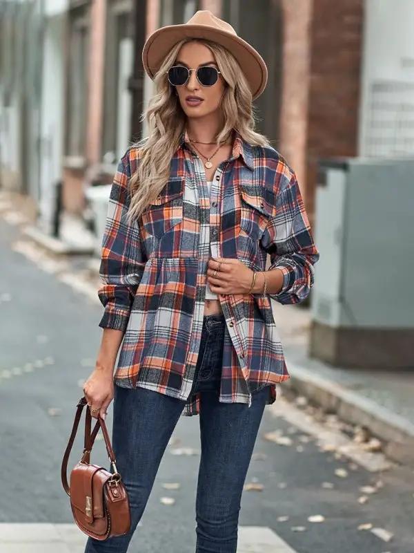 Women’s Babydoll Style Spread Collar Long Sleeves With Button Front Plaid Shirt Jacket