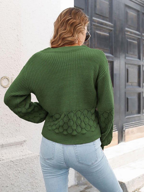 Damen-Strickpullover mit Ballonärmeln und V-Ausschnitt 