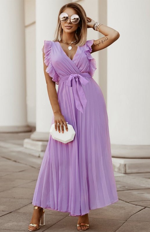Frauen Strand Sexy Lotusblatt Ärmel Chiffon Faltenrock Einfarbig Kleid