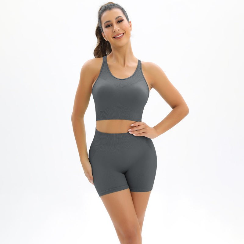 Damen-Set mit schönem Rücken, hoher Taille, pfirsichfarbener Hüfte, nahtlos gestrickt, Tank-Top und Shorts, zweiteiliges Set 