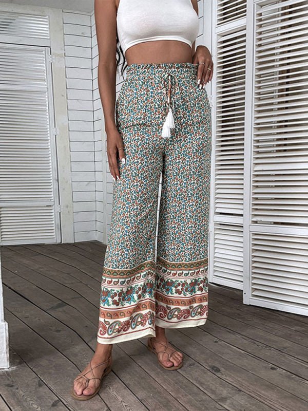 Pantalon large à imprimé ethnique bohème pour femme 