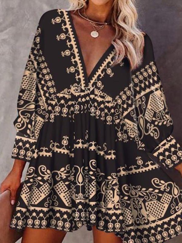 Robe à manches 3/4 de style ethnique bohème pour femmes 