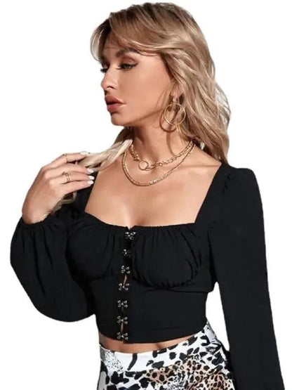 Damen-Langarmshirt mit Blasenärmeln, Kragen und Schnalle 