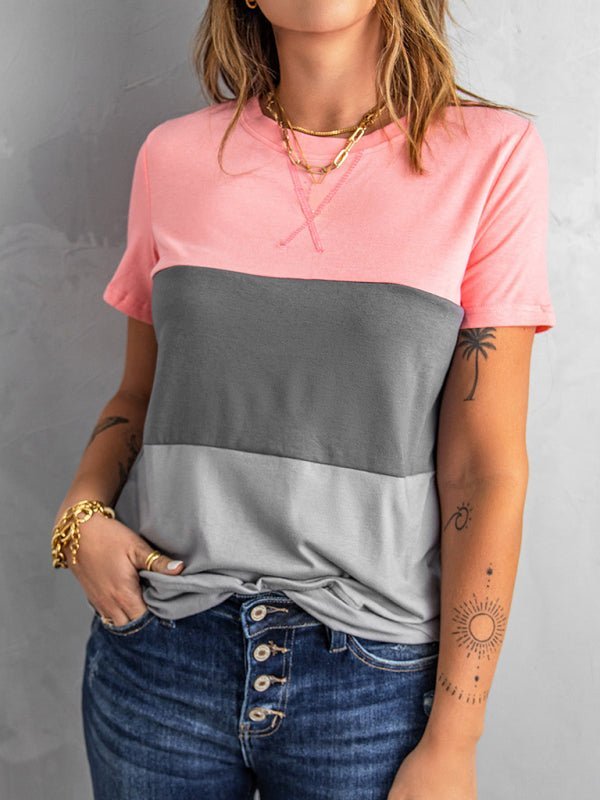 Lässiges Colorblock-T-Shirt mit kurzen Ärmeln und Rundhalsausschnitt für Damen 