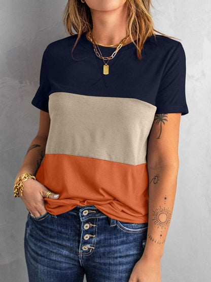 Lässiges Colorblock-T-Shirt mit kurzen Ärmeln und Rundhalsausschnitt für Damen 