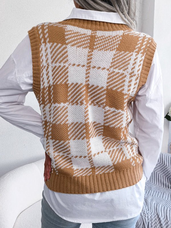 Gilet tricoté à carreaux de couleur contrastée pour femmes, pull décontracté 