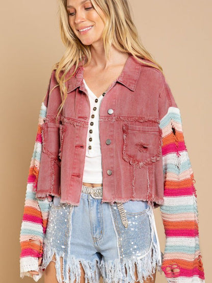 Lässige, modische Denim-Regenbogen-Langarm-Spleißjacke für Damen 