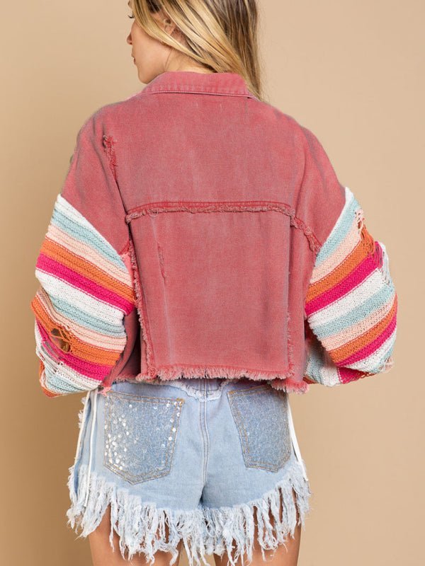 Lässige, modische Denim-Regenbogen-Langarm-Spleißjacke für Damen 