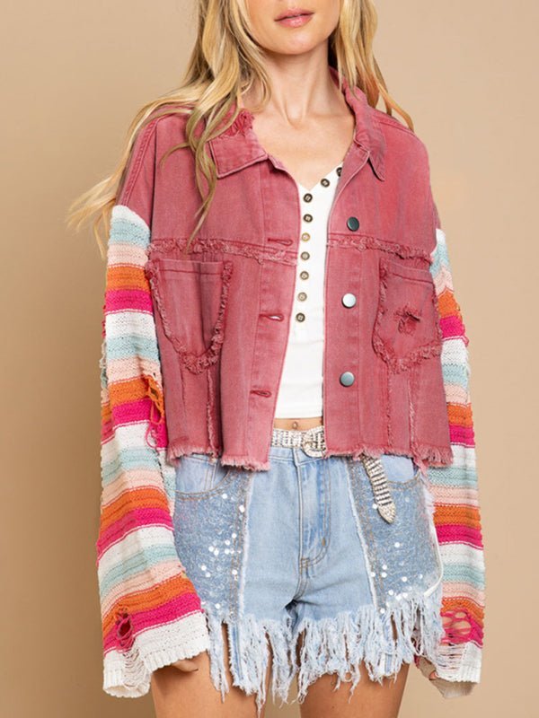 Lässige, modische Denim-Regenbogen-Langarm-Spleißjacke für Damen 