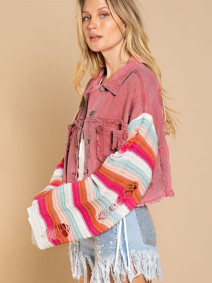 Lässige, modische Denim-Regenbogen-Langarm-Spleißjacke für Damen 