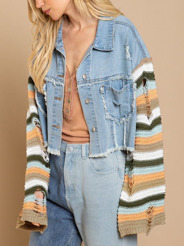 Lässige, modische Denim-Regenbogen-Langarm-Spleißjacke für Damen 