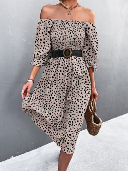 Damen Casual Fashion Square Neck One-Wort Neck Two-Wear Retro Leopard Print Kleid 