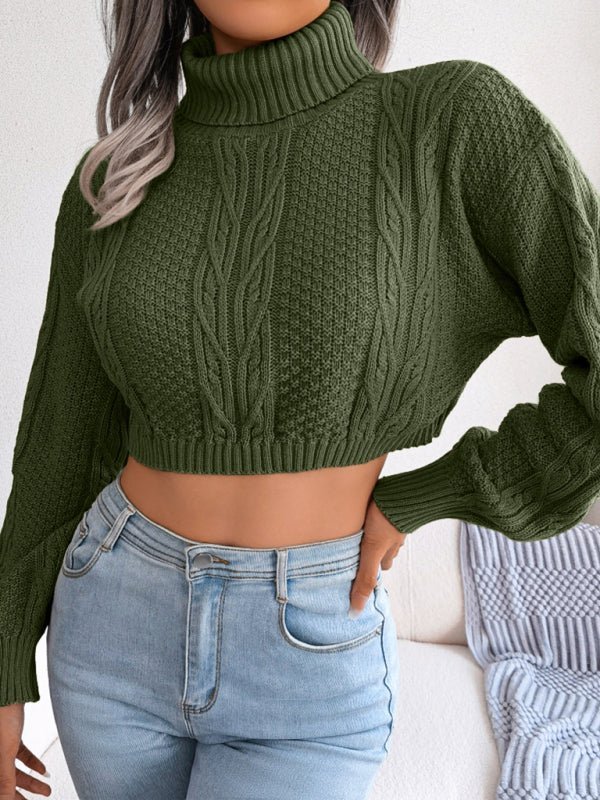 Damen-Strickpullover mit langen Ärmeln und Stehkragen und freiliegendem Bauchnabel 