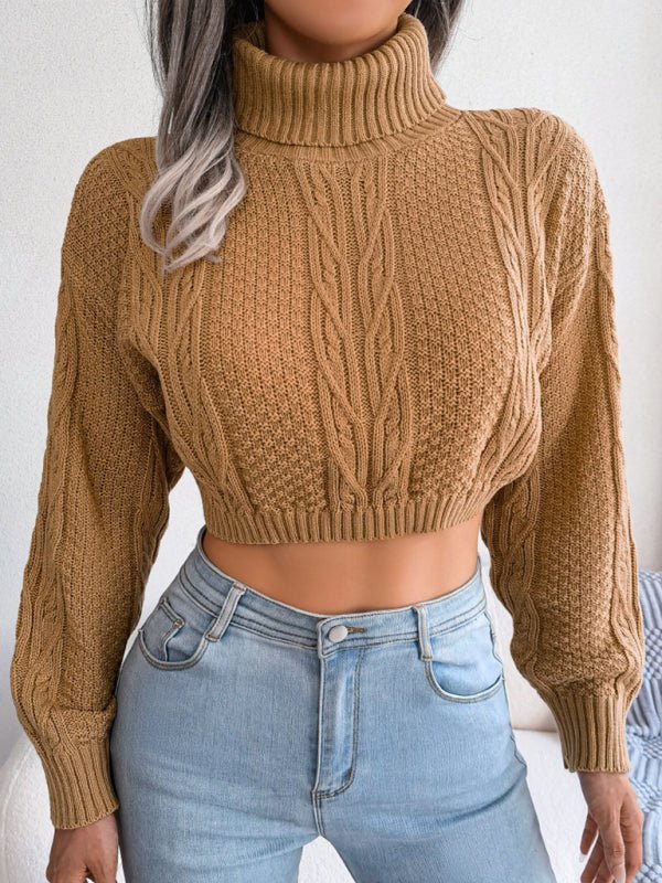 Pull tricoté à manches longues et col haut pour femme, décontracté, pâte frite, torsadé, révélant le nombril 