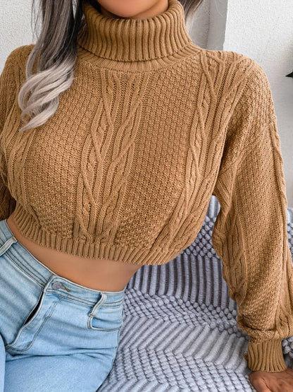 Pull tricoté à manches longues et col haut pour femme, décontracté, pâte frite, torsadé, révélant le nombril 