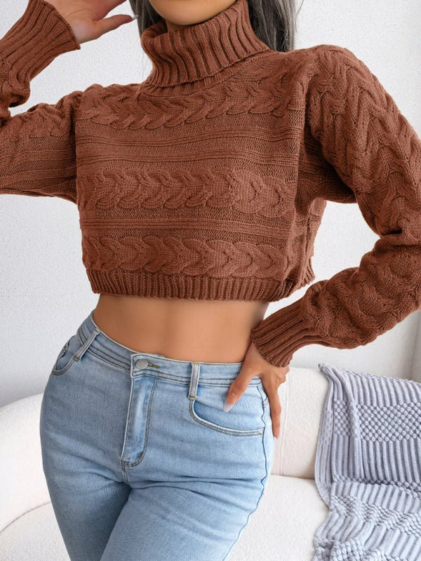 Pull tricoté à manches longues et col haut pour femme, décontracté, pâte frite, torsadé, révélant le nombril 