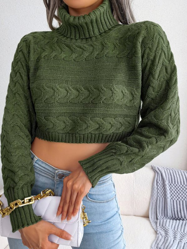 Pull tricoté à manches longues et col haut pour femme, décontracté, pâte frite, torsadé, révélant le nombril 