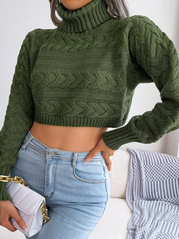 Pull tricoté à manches longues et col haut pour femme, décontracté, pâte frite, torsadé, révélant le nombril 