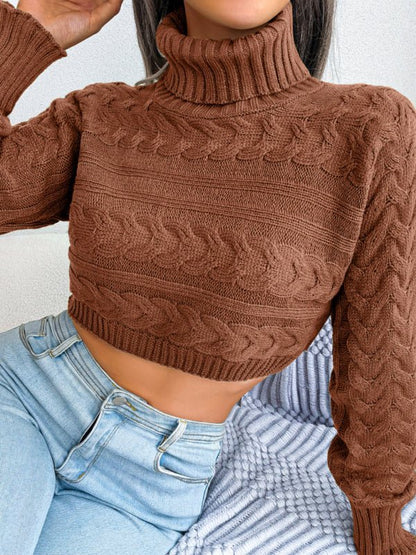 Damen-Strickpullover mit langen Ärmeln und Stehkragen und freiliegendem Bauchnabel 