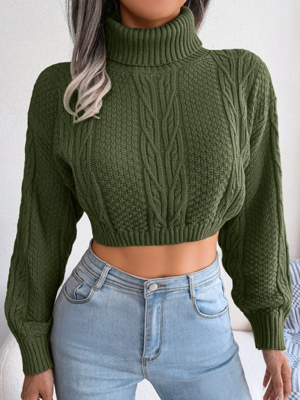 Damen-Strickpullover mit langen Ärmeln und Stehkragen und freiliegendem Bauchnabel 