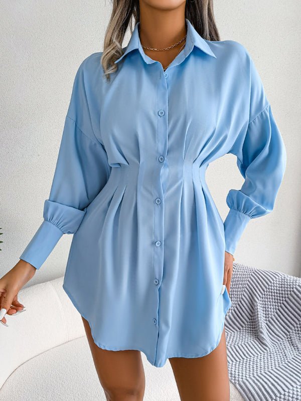 Robe chemise asymétrique décontractée pour femmes, manches lanternes, taille, jupe 