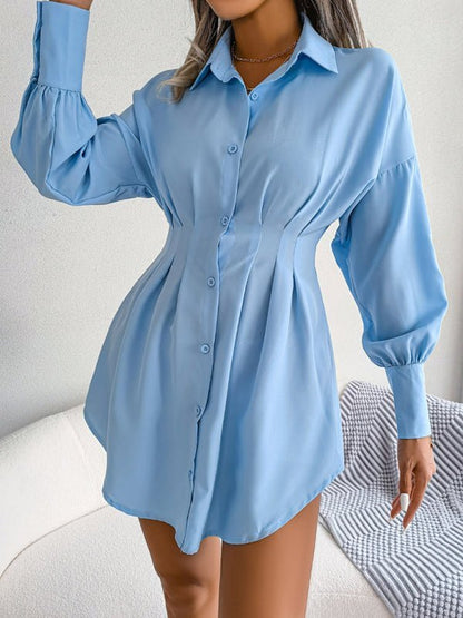 Robe chemise asymétrique décontractée pour femmes, manches lanternes, taille, jupe 