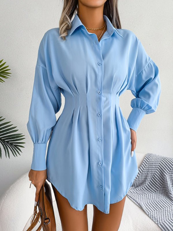 Robe chemise asymétrique décontractée pour femmes, manches lanternes, taille, jupe 