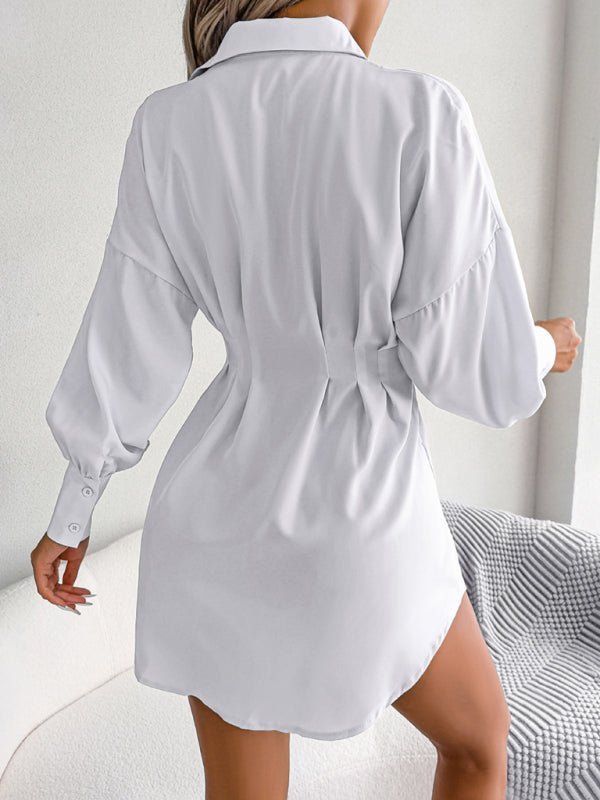 Robe chemise asymétrique décontractée pour femmes, manches lanternes, taille, jupe 