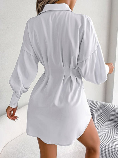 Robe chemise asymétrique décontractée pour femmes, manches lanternes, taille, jupe 