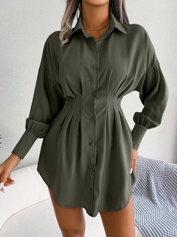 Robe chemise asymétrique décontractée pour femmes, manches lanternes, taille, jupe 