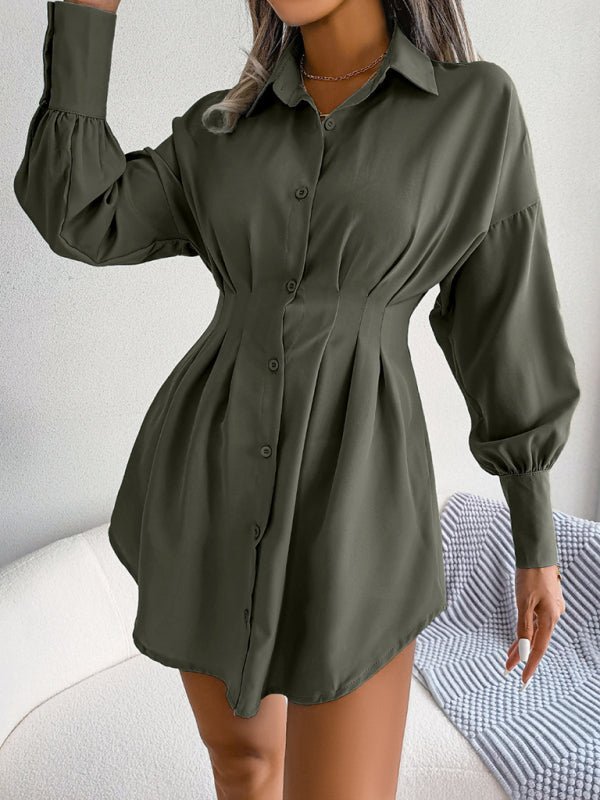 Robe chemise asymétrique décontractée pour femmes, manches lanternes, taille, jupe 