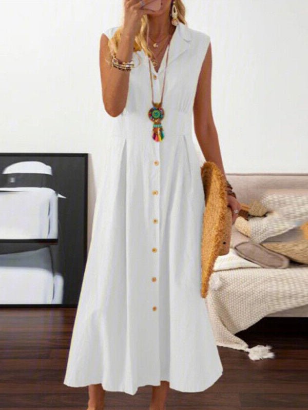 Robe mi-longue décontractée sans manches en coton et lin pour femme