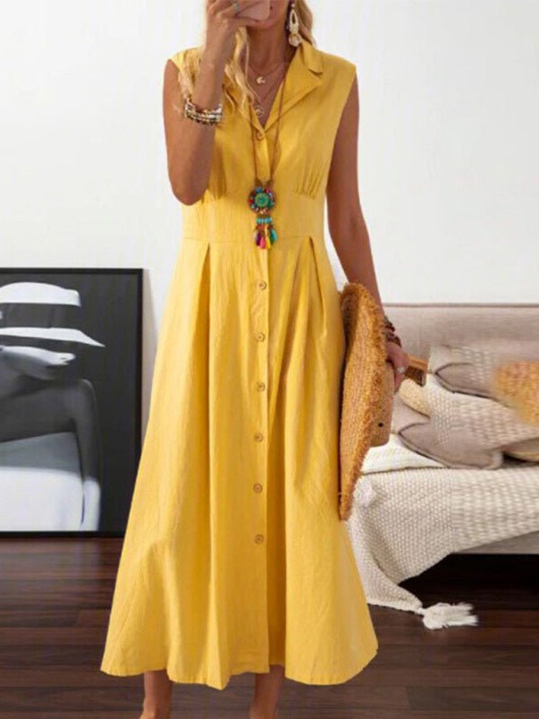 Robe mi-longue décontractée sans manches en coton et lin pour femme