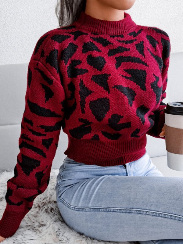 Lässiger Damen-Nabelstrickpullover mit geschlossener Leoparden-Taille 