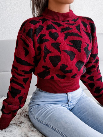 Lässiger Damen-Nabelstrickpullover mit geschlossener Leoparden-Taille 