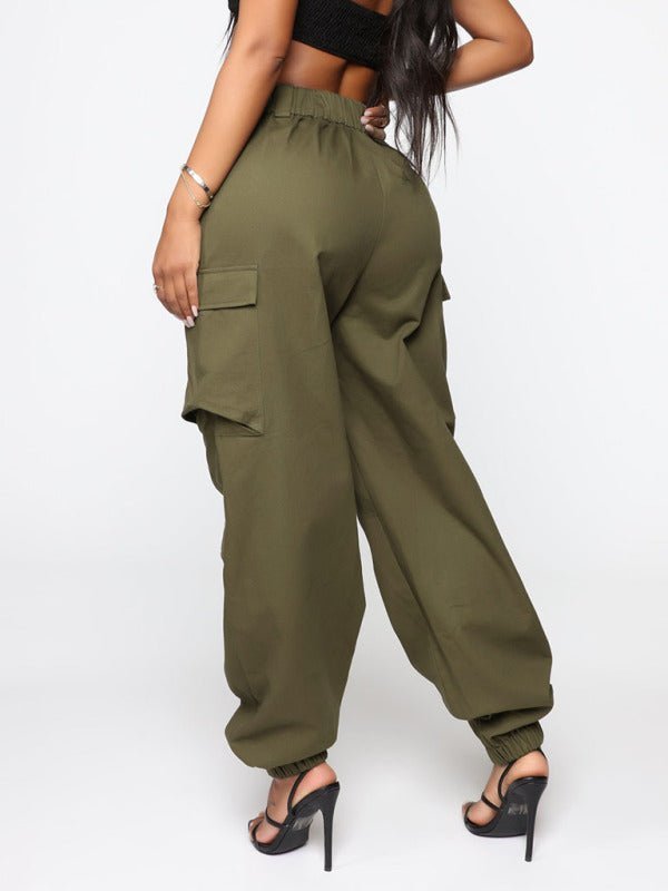 Pantalon cargo droit décontracté avec plusieurs poches et braguette boutonnée pour femme 