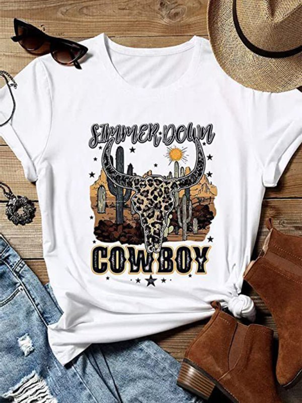 T-shirt décontracté à manches courtes pour femme Highland Cow Western Cowboy T-shirt athlétique vintage 