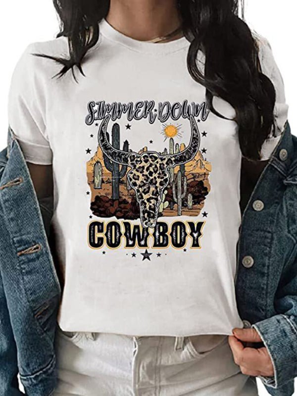 T-shirt décontracté à manches courtes pour femme Highland Cow Western Cowboy T-shirt athlétique vintage 