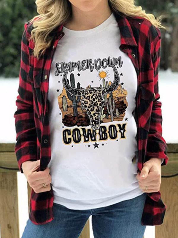 T-shirt décontracté à manches courtes pour femme Highland Cow Western Cowboy T-shirt athlétique vintage 