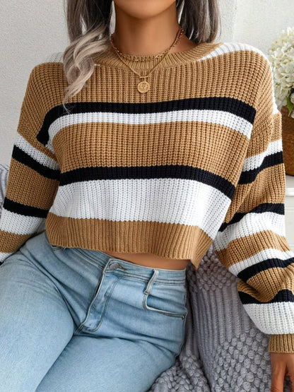 Lässiger gestreifter langärmliger Crop-Strickpullover für Damen 